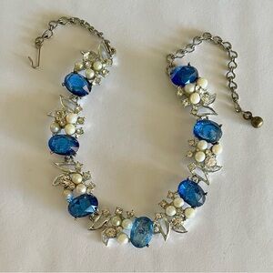 Vintage Signed Karu NY Necklace Featuring Blue Glass Faux Pearls and Silver Tone